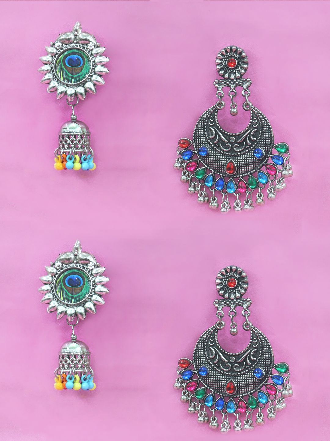 

Krelin Set Of 2 Silver-Plated Stone Studded Classic Drop Earrings