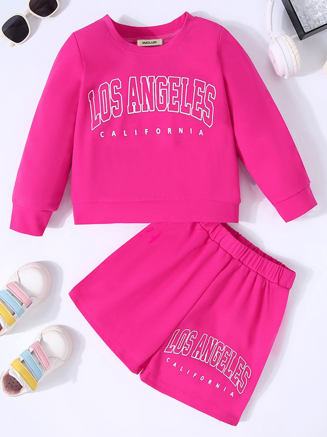 

INCLUD Girls Printed Sweatshirt With Shorts Set, Pink