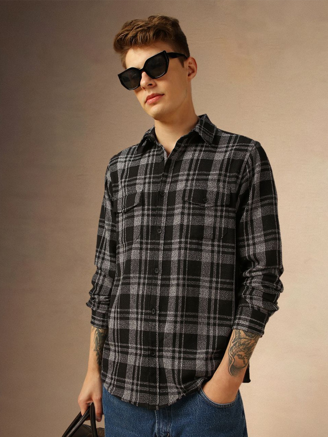 

Dennis Lingo Men Comfort Spread Collar Tartan Checked Cotton Casual Shirt, Black