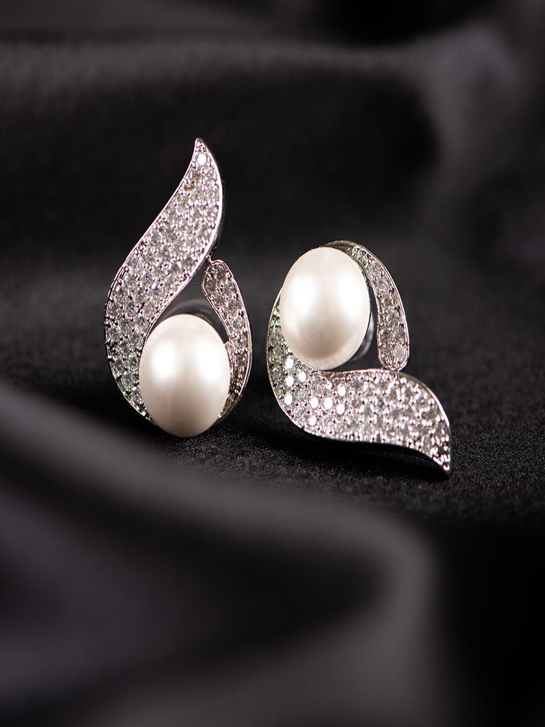 

SHARLEEZ Rhodium-Plated American Diamond Studded & Pearls Geometric Drop Earrings, Silver