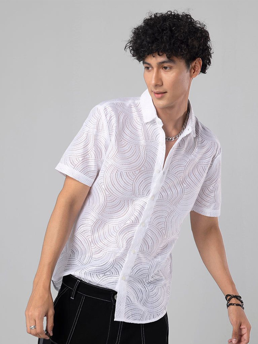 

Snitch Men New Spread Collar Floral Printed Casual Shirt, White