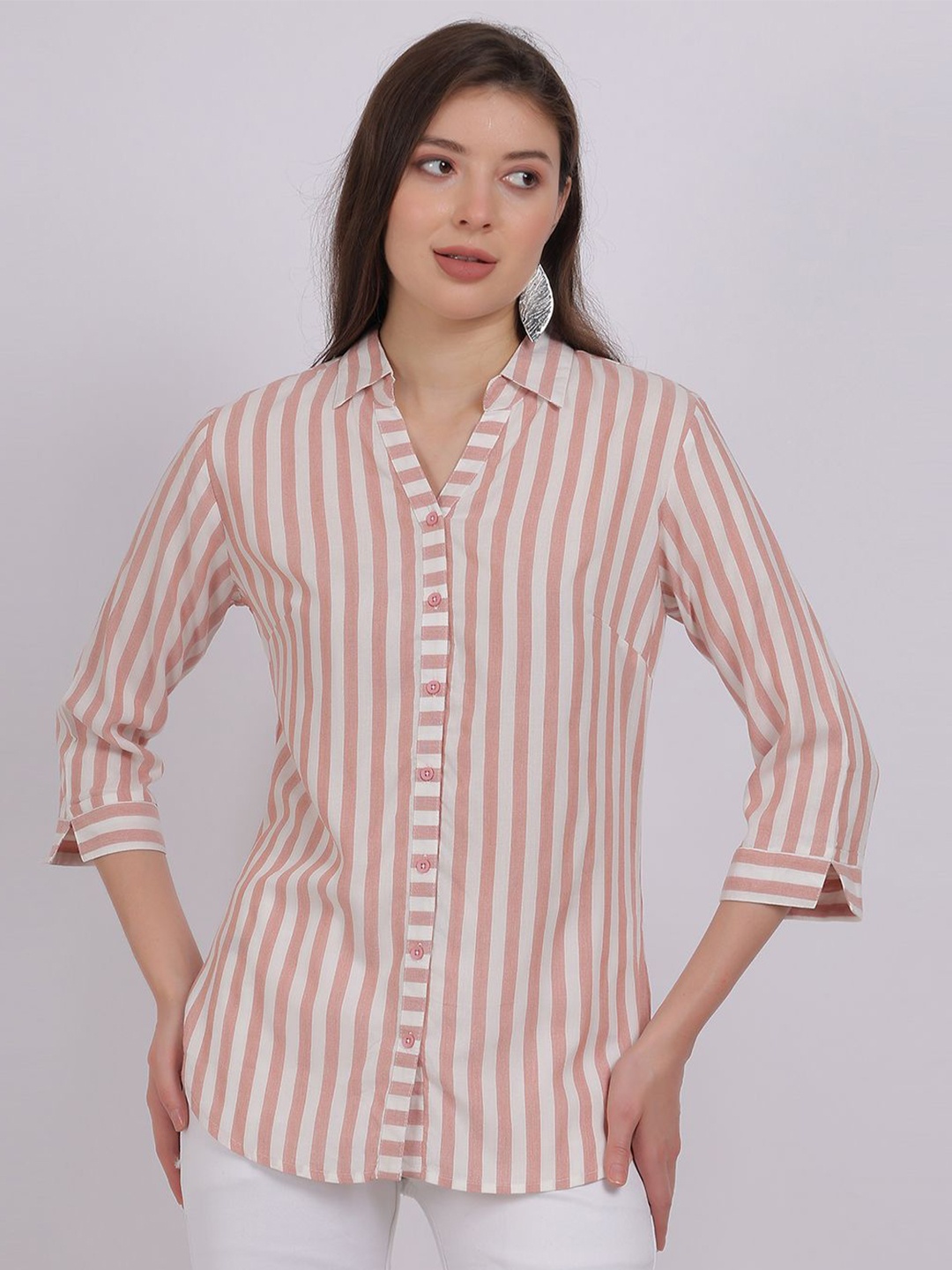 

Aumbe Women Comfort Spread Collar Vertical Striped Cotton Casual Shirt, Peach