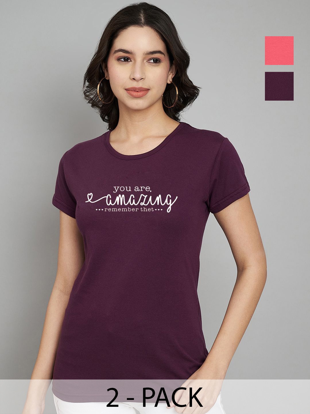 

Trend Level Women Pack Of 2 Typography Printed Round Neck Cotton T-shirts, Burgundy