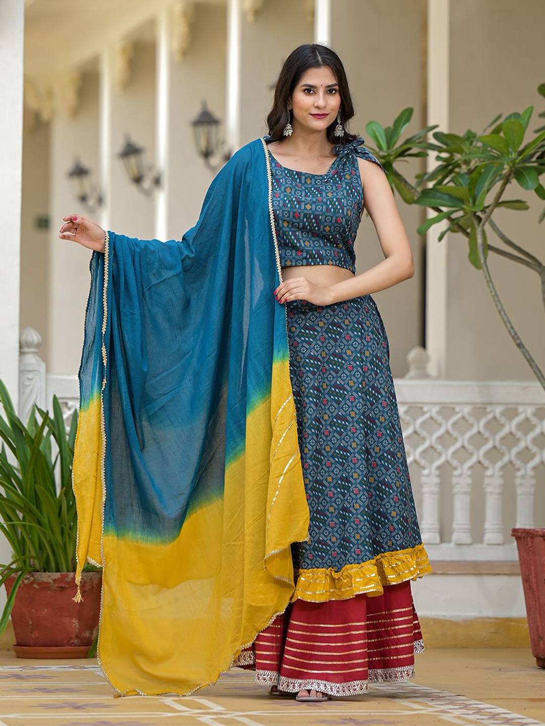 

AKS Printed Ready to Wear Lehenga & Blouse With Dupatta, Blue