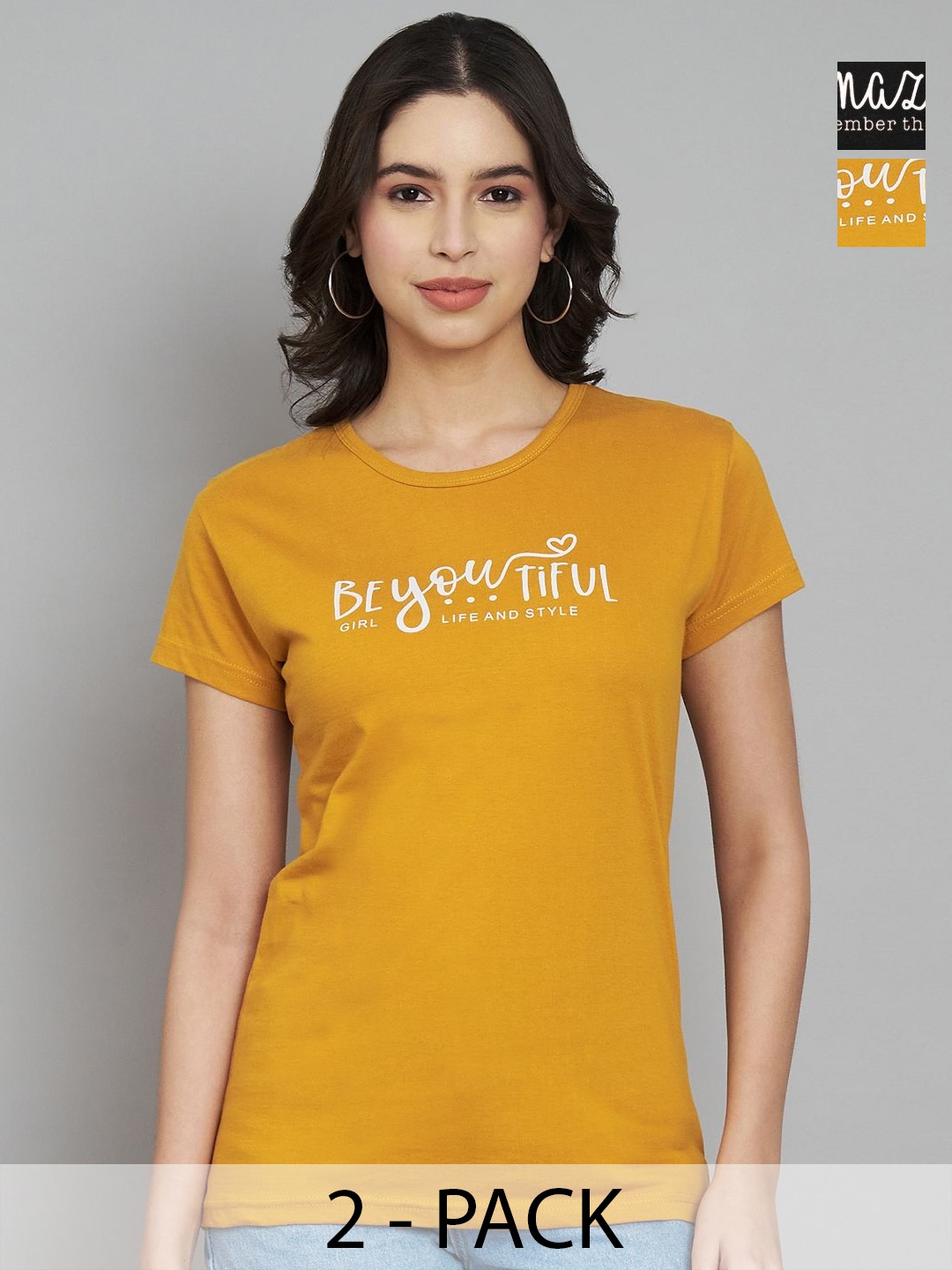 

Trend Level Women Pack Of 2 Typography Printed Round Neck Cotton T-shirts, Mustard