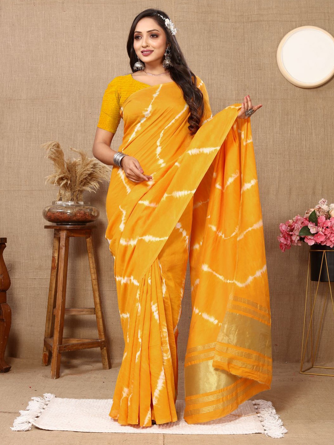 

Anouk Leheriya Zari Leheriya Cotton Blend Saree, Mustard