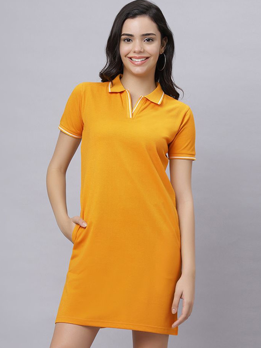 

Wear Your Opinion Women Polo Neck Tshirt Dress, Mustard