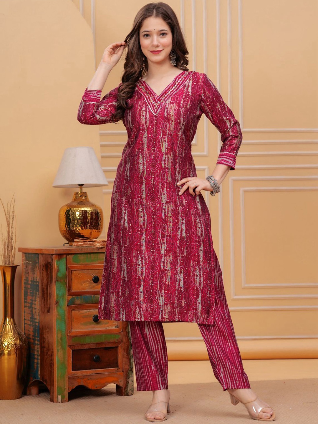 

FCV Floral Printed Mirror Work Straight Kurta With Trousers & Dupatta, Red