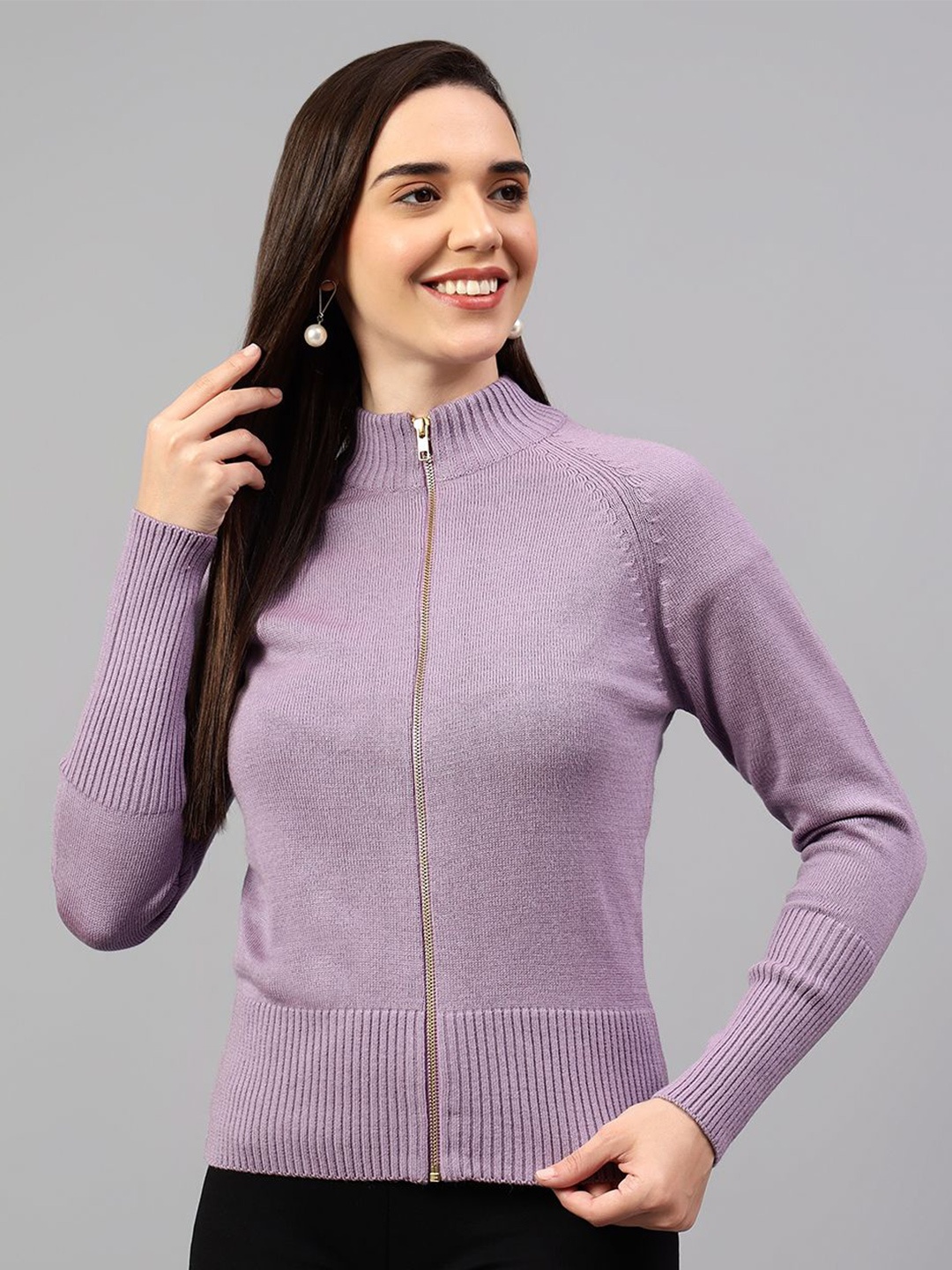 

Cantabil Women Turtle Neck Cardigan with Embroidered Detail, Lavender