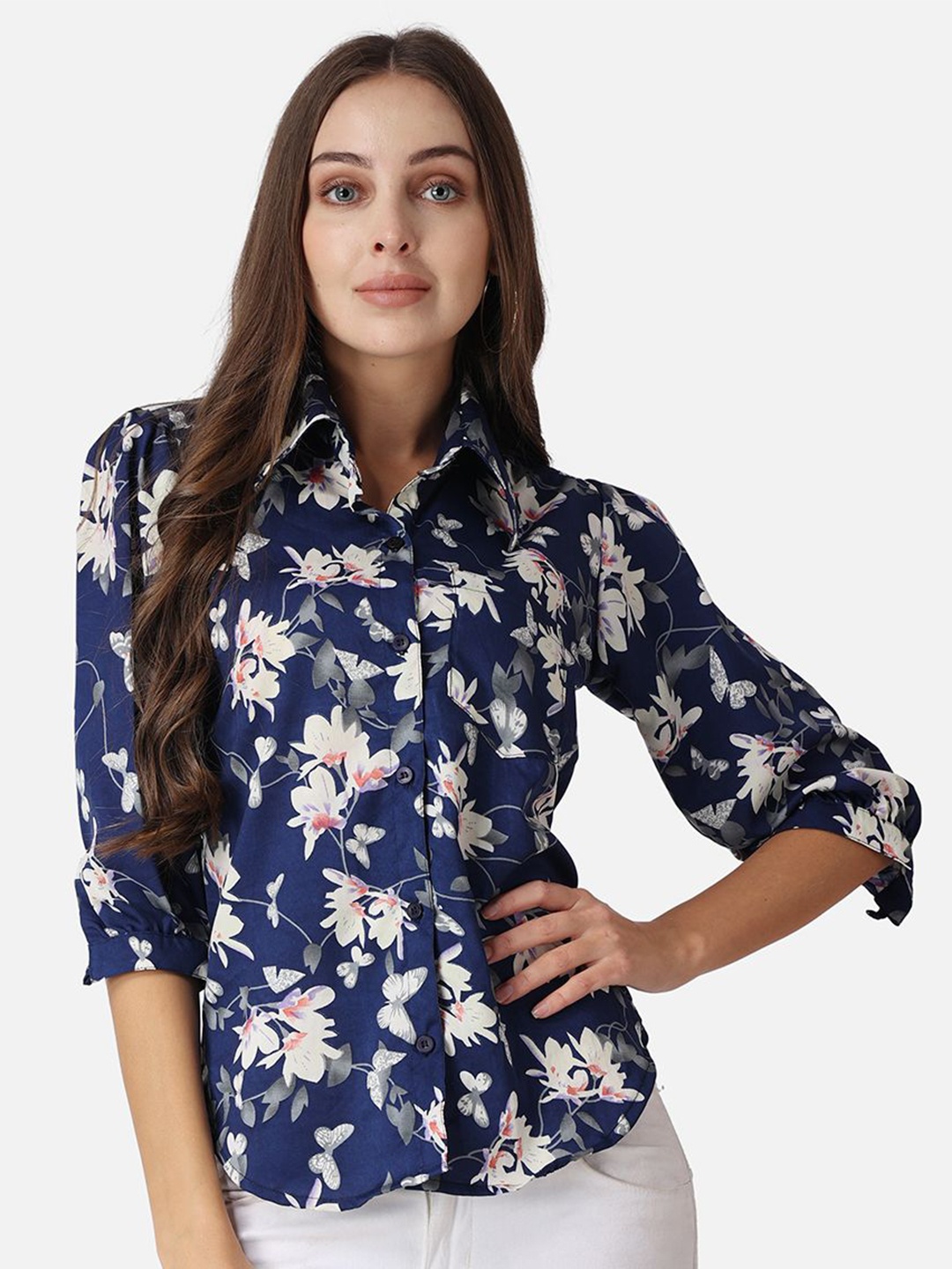 

MINOS Women Classic Spread Collar Floral Printed Crepe Casual Shirt, Navy blue