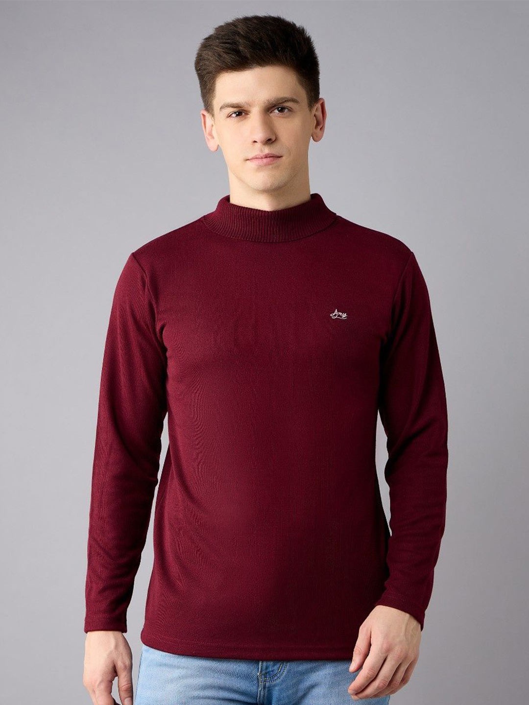 

ARRAY Men Dri-FIT Solid High Neck Wool Pullover Sweatshirt, Maroon