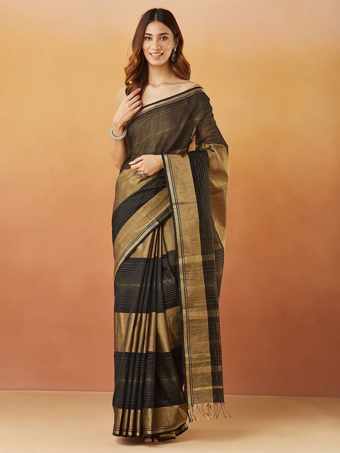 

Fabindia Black Cotton Silk Blend Maheshwari Woven Sari