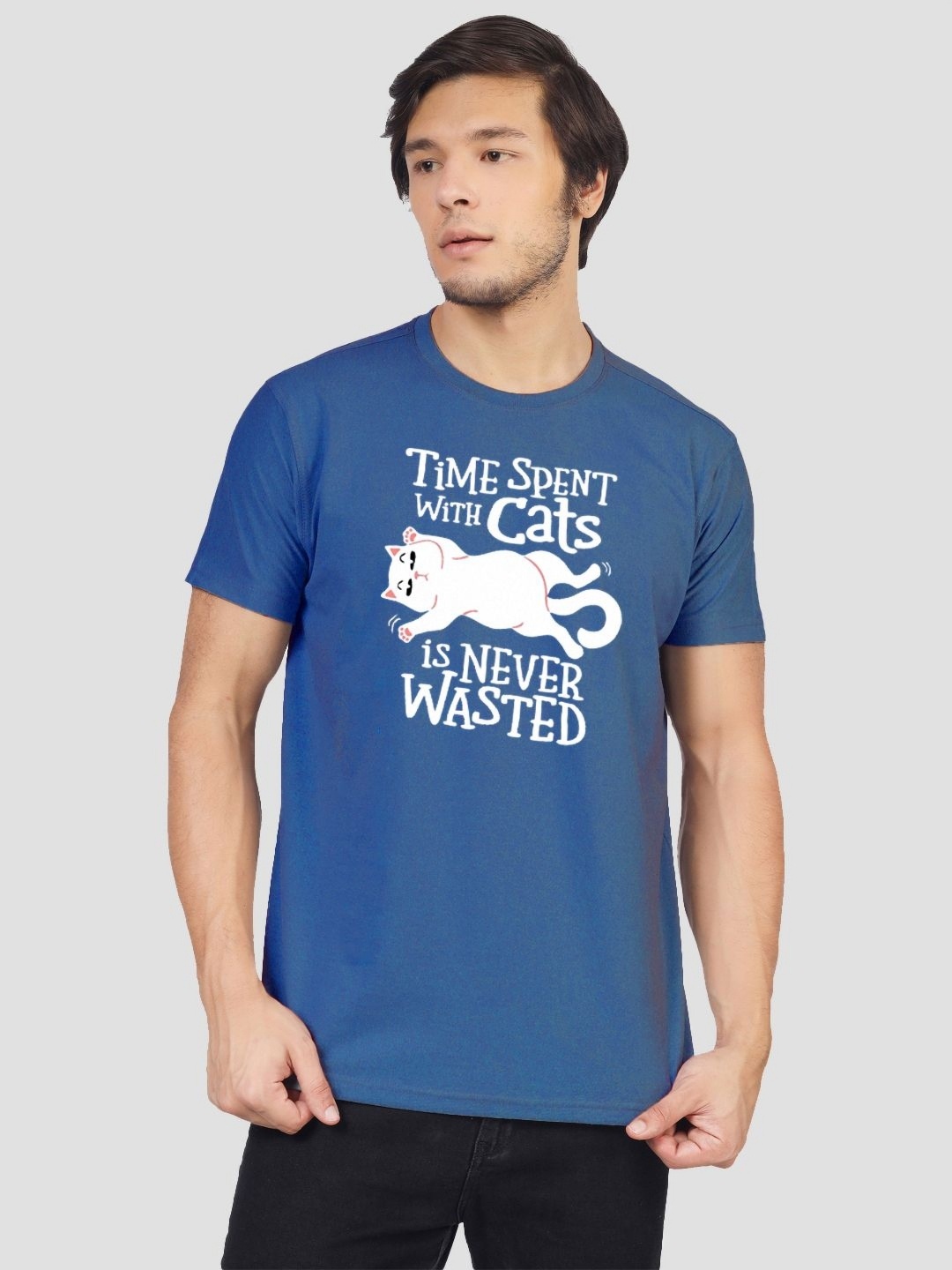 

Greylongg Men Typography Printed Round Neck Cotton T-shirt, Blue