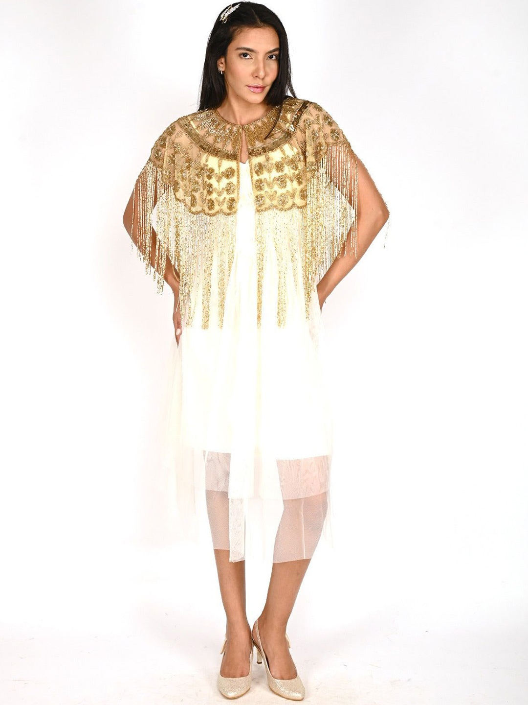 

ODETTE Women Embellished Cotton Net Cape Crop Top, Yellow