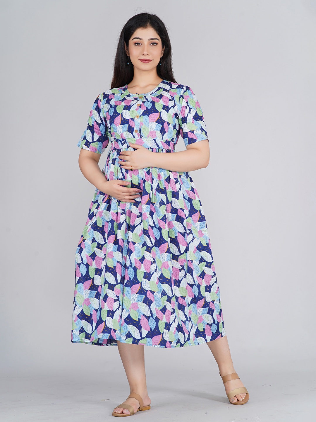 

Kaheksa Women Tropical Print Maternity Fit and Flare Midi Dress, Blue