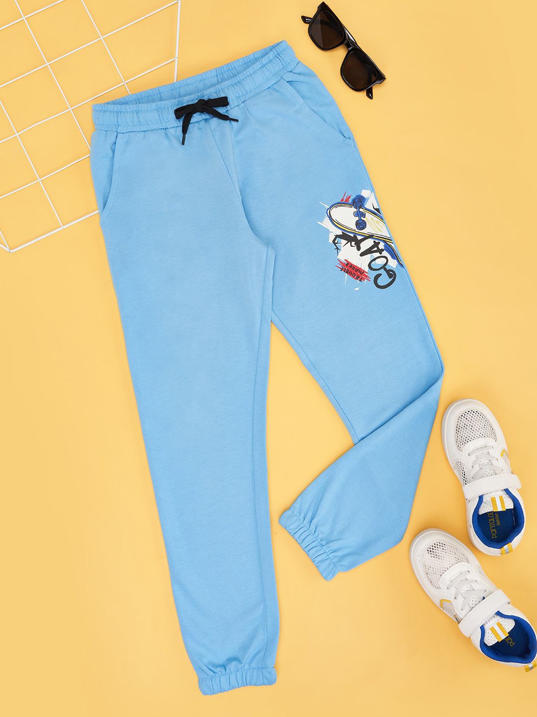 

Pantaloons Junior Boys Cotton Graphic Printed Track Pants, Blue