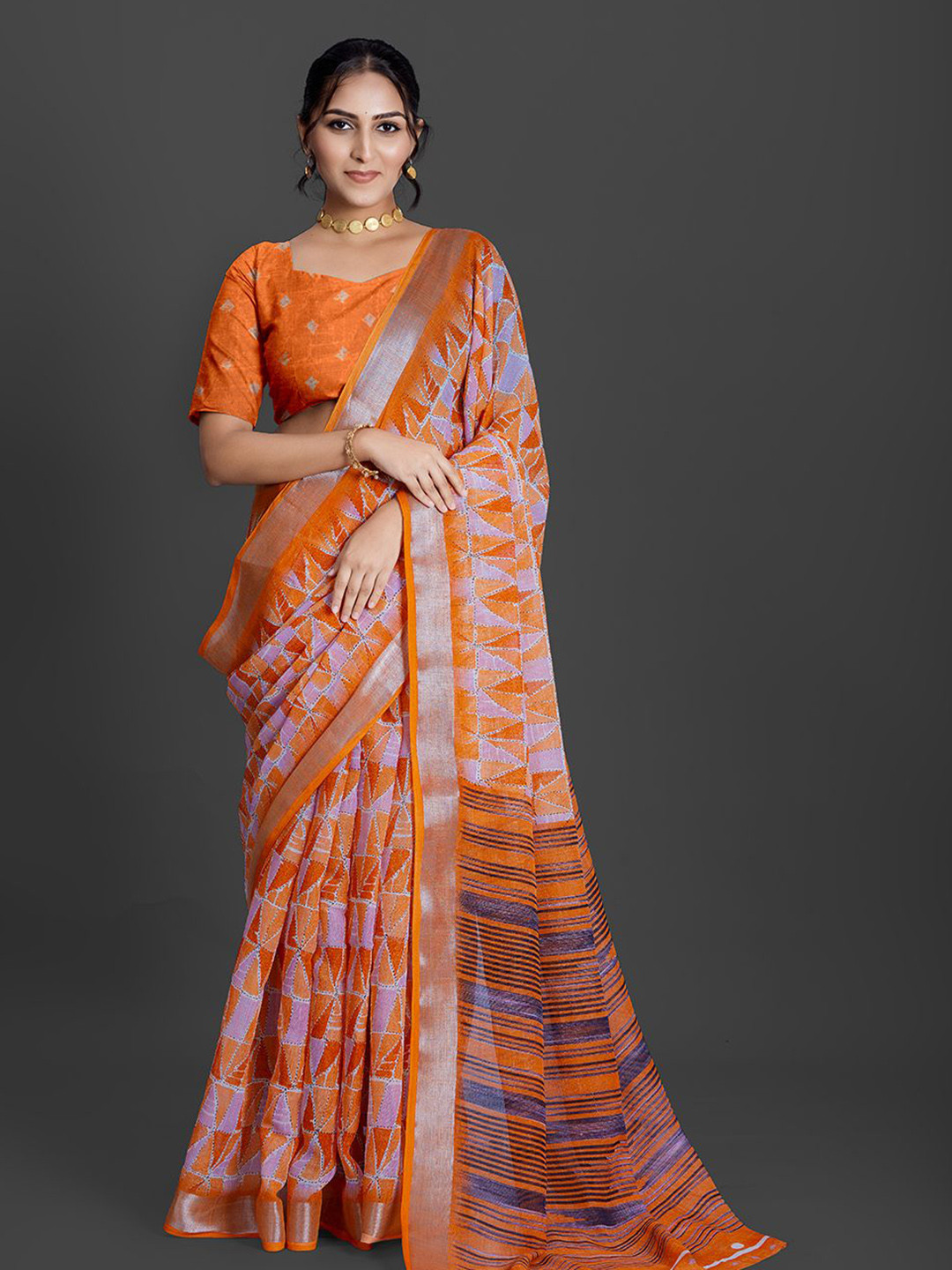 

NIRMAL CREATION Abstract Printed Zari Saree, Orange