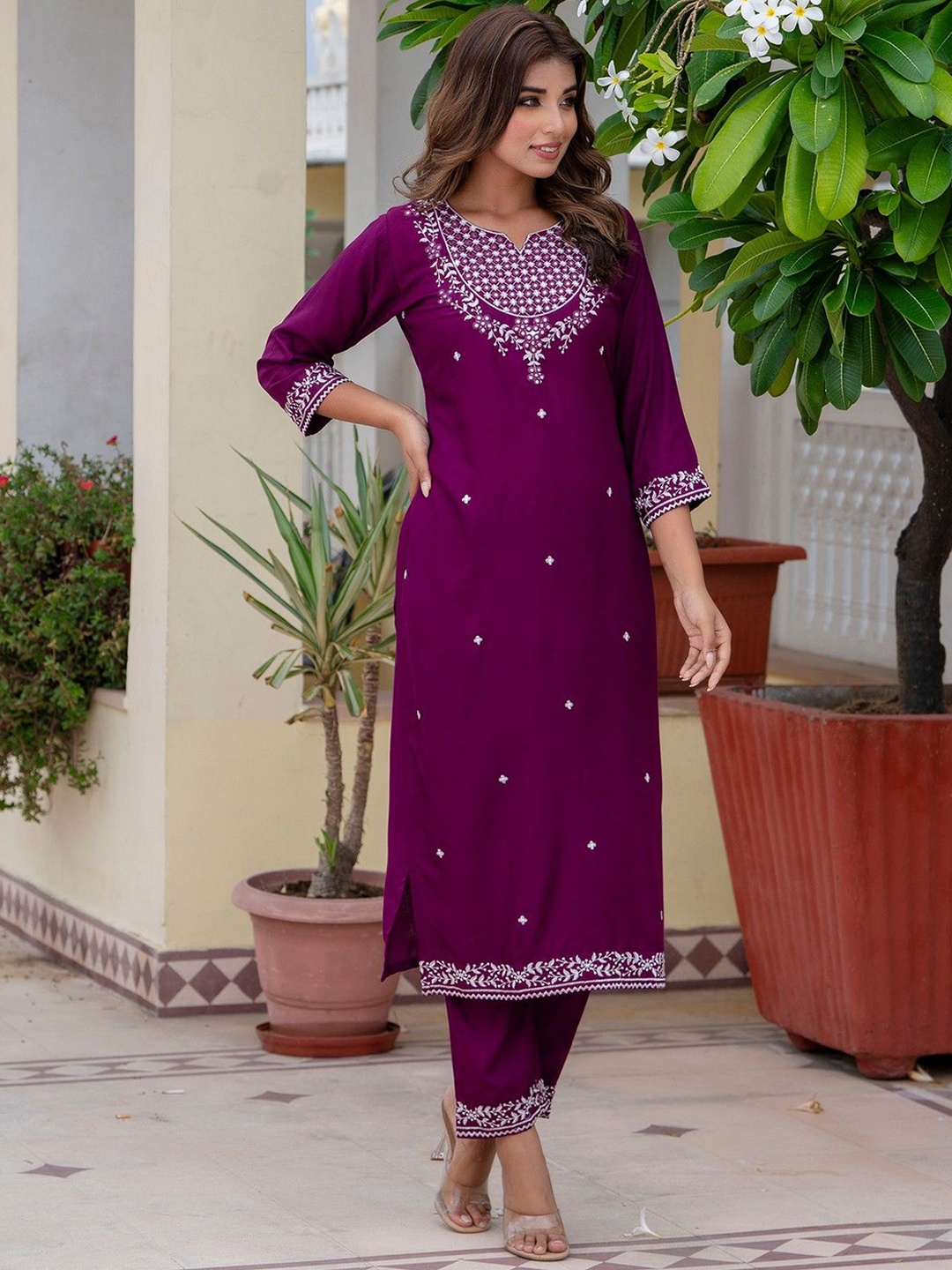 

KALINI Women Ethnic Motifs Embroidered Mirror Work Kurta with Trousers, Purple