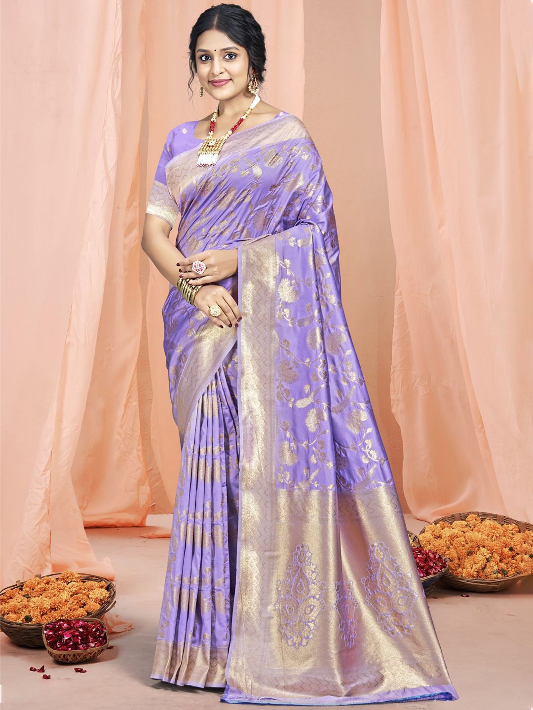 

SANGAM PRINTS Woven Design Zari Tussar Saree, Lavender