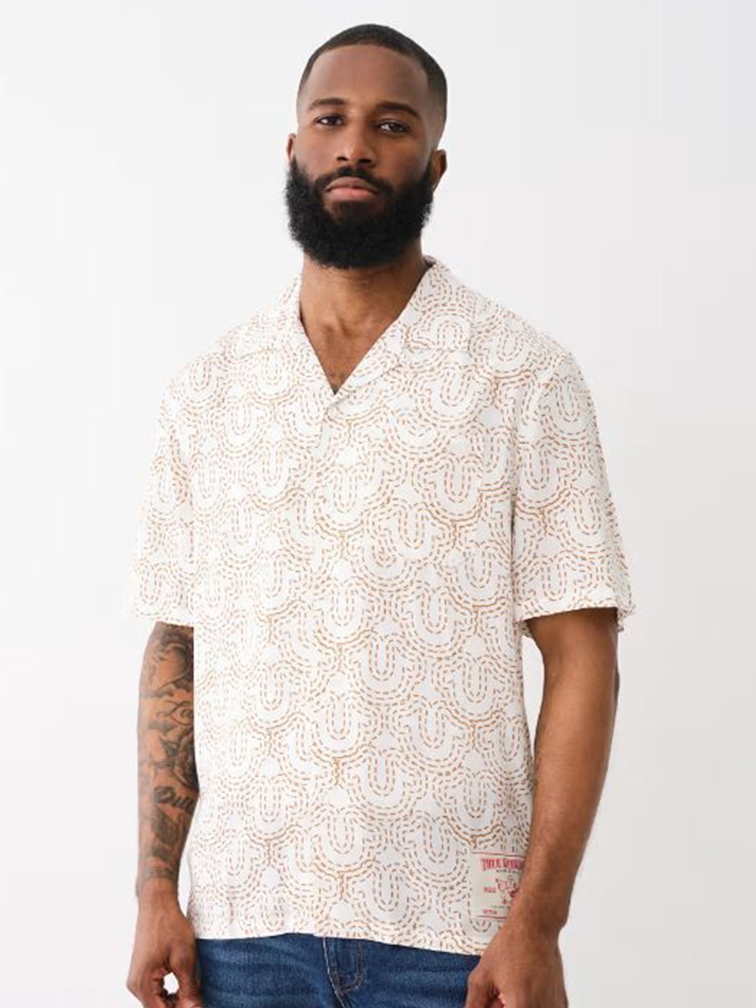 

True Religion Men Cuban Collar Abstract Printed Casual Shirt, Beige