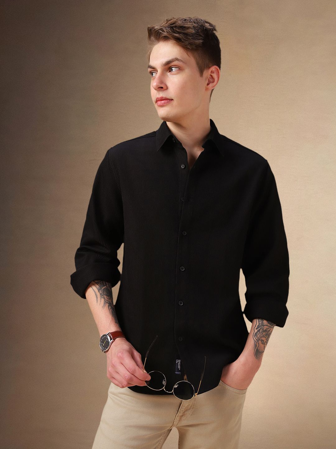 

Dennis Lingo Men Spread Collar Solid Cotton Casual Shirt, Black