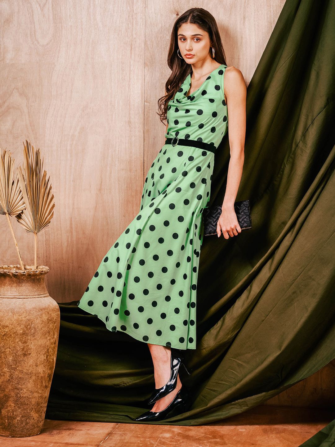 

MISH Polka Dot Printed Cowl Neck A-Line Midi Dress, Green