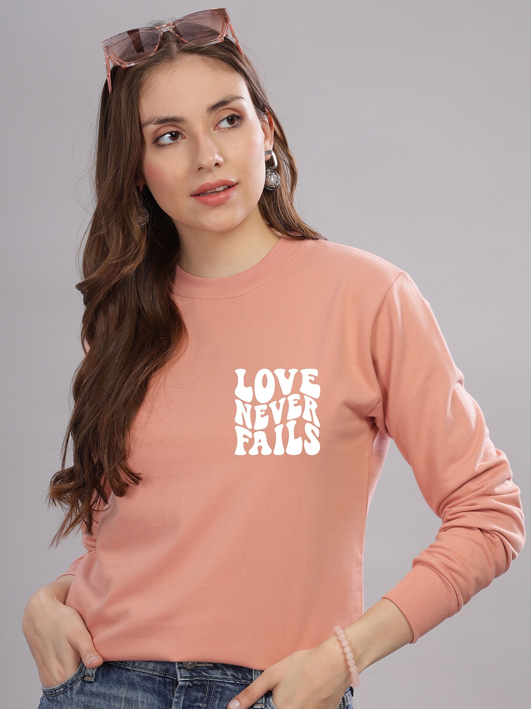 

FALTU.CO Women Typography Printed Round Neck Cotton Pullover Sweatshirt, Peach