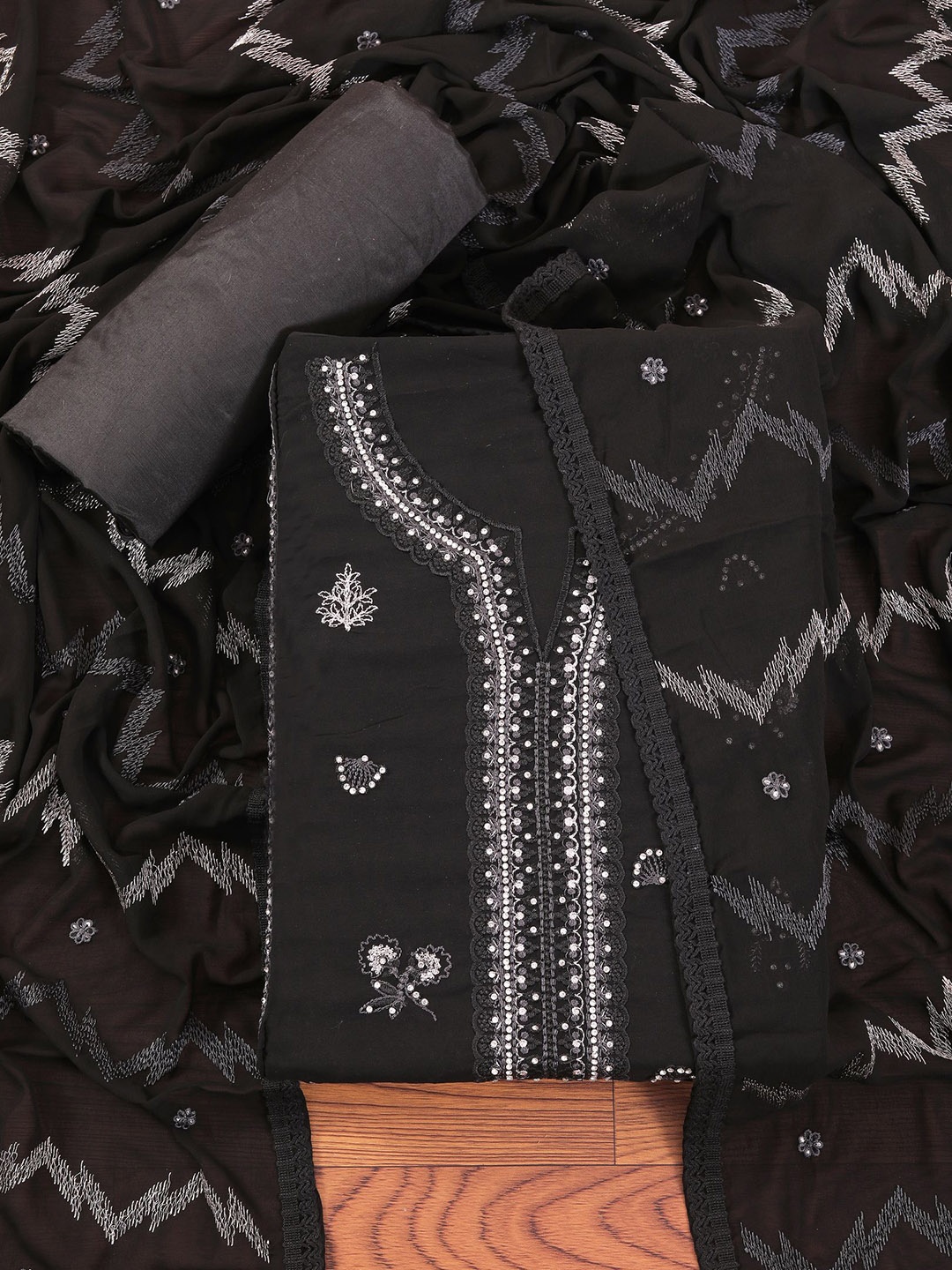 

Jaipur Kurti Heavy Embroidered Poly Georgette Dress Material with Dupatta, Black