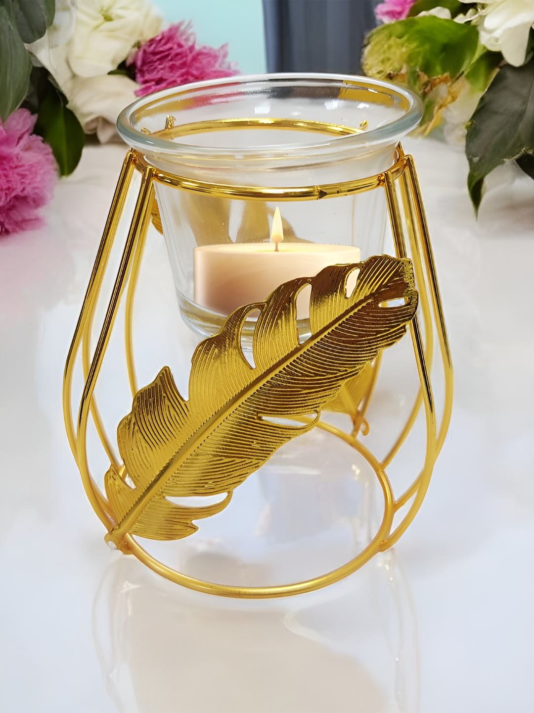 

Art Street Diwali Tealight Metal Holder Glass Leaf Crystal Diya, Gold