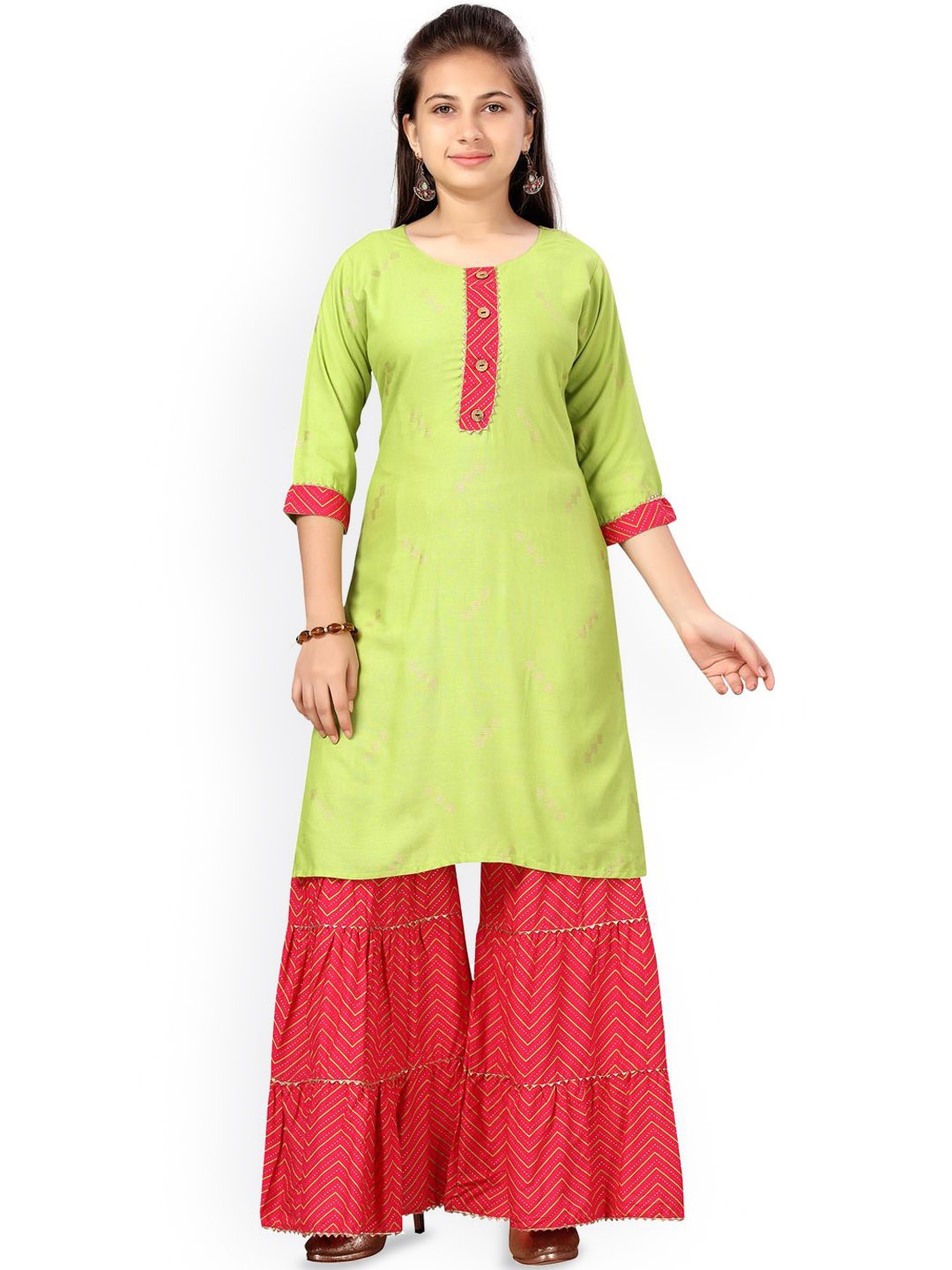 

BAESD Girls Printed Pure Cotton Kurti Sharara Set, Green