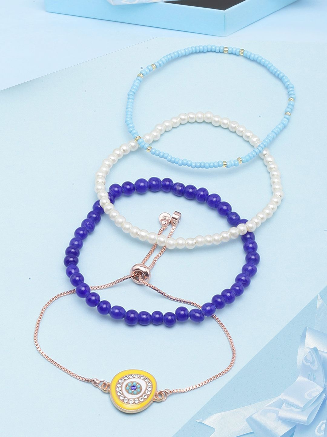 

KPOP Set Of 4 Rose Gold-Plated Stone Studded & Beaded Charm Bracelets