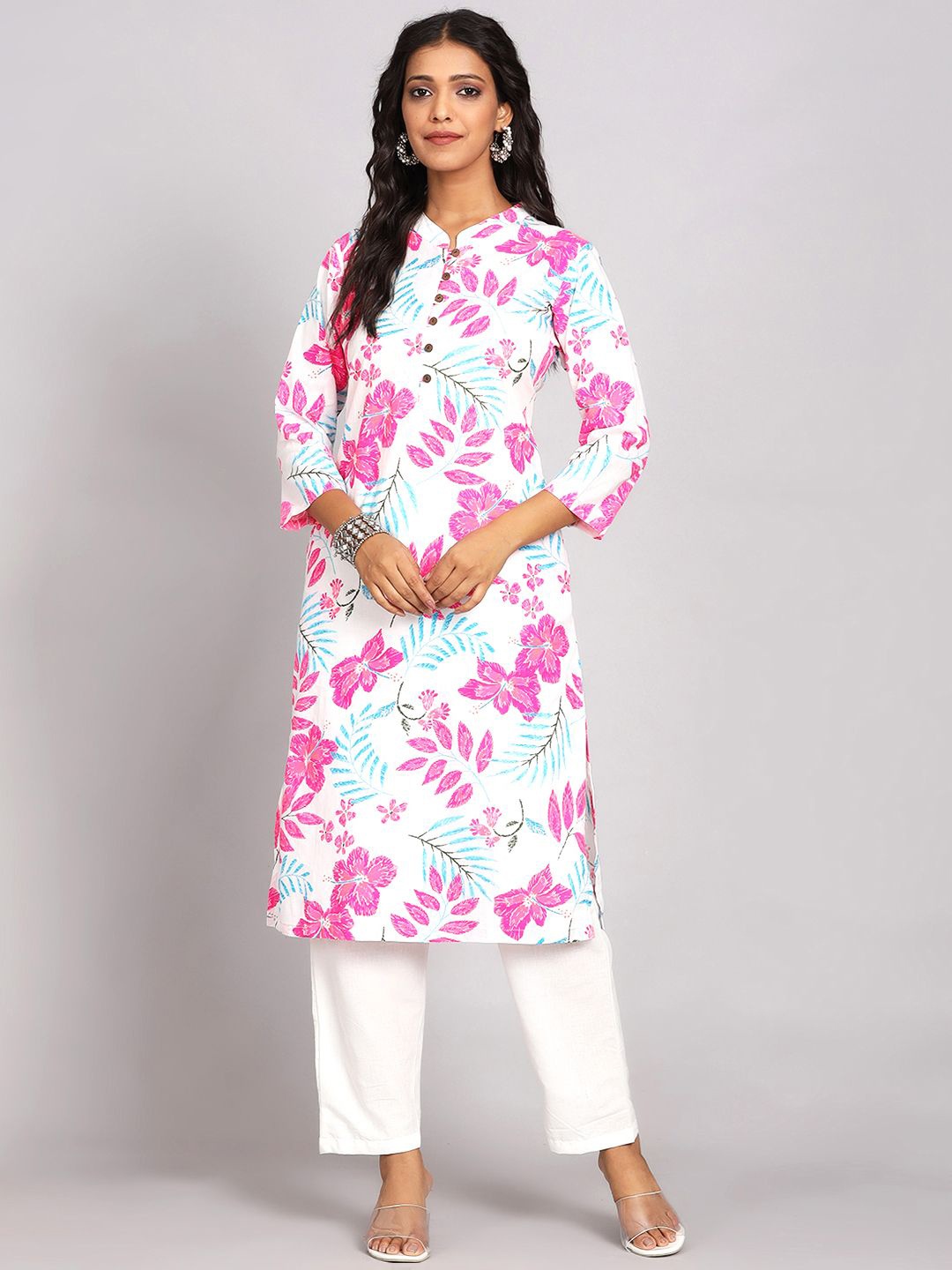 

Chandbaali Women Floral Printed Pure Cotton Straight Kurta, White