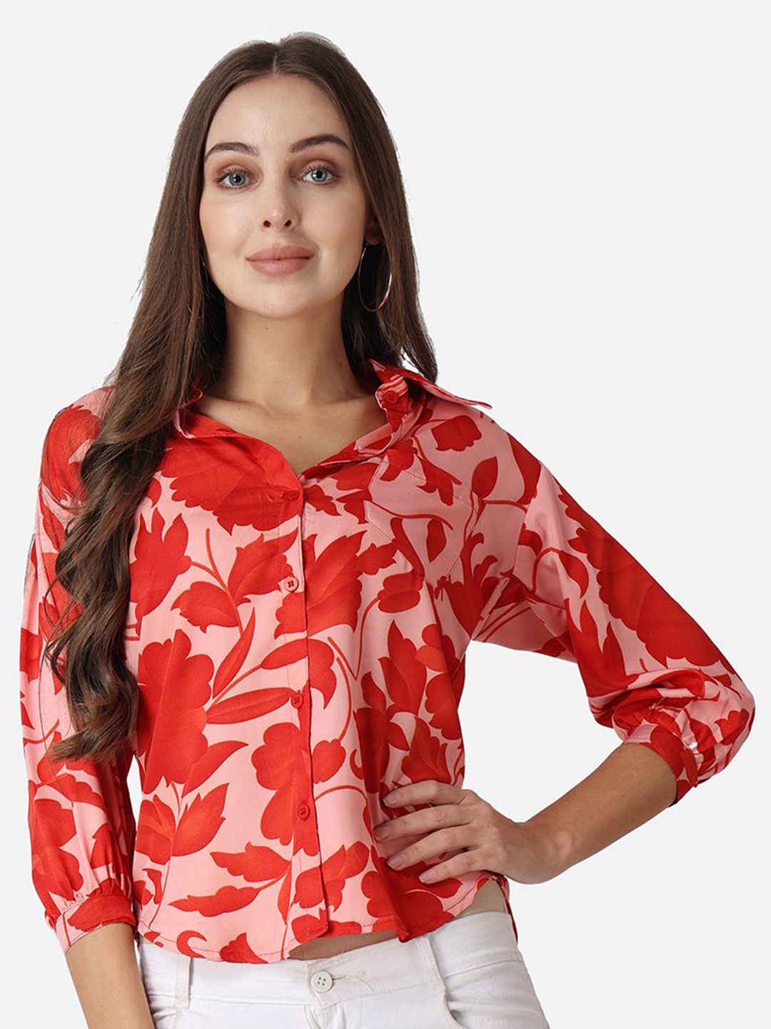 

MINOS Women Classic Spread Collar Floral Printed Crepe Casual Shirt, Red