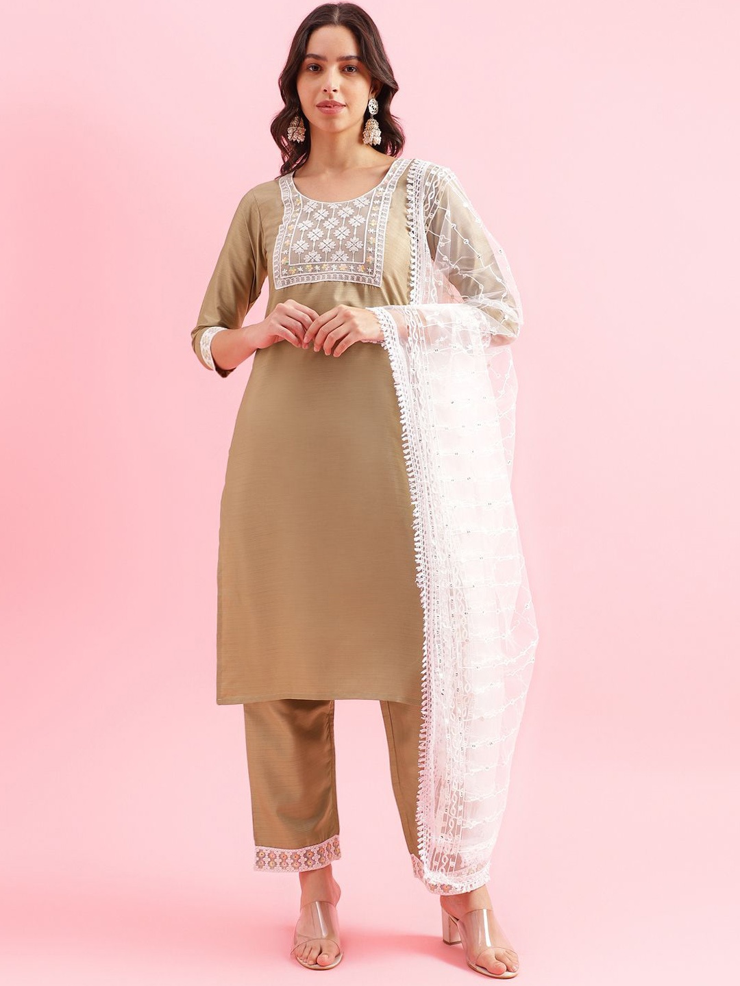 

KALINI Women Floral Embroidered Regular Sequinned Kurta with Trousers & Dupatta, Gold