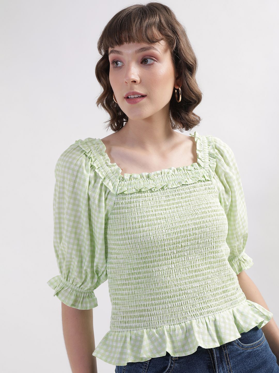 

ELLE Women Self Design Square Neck Top, Green