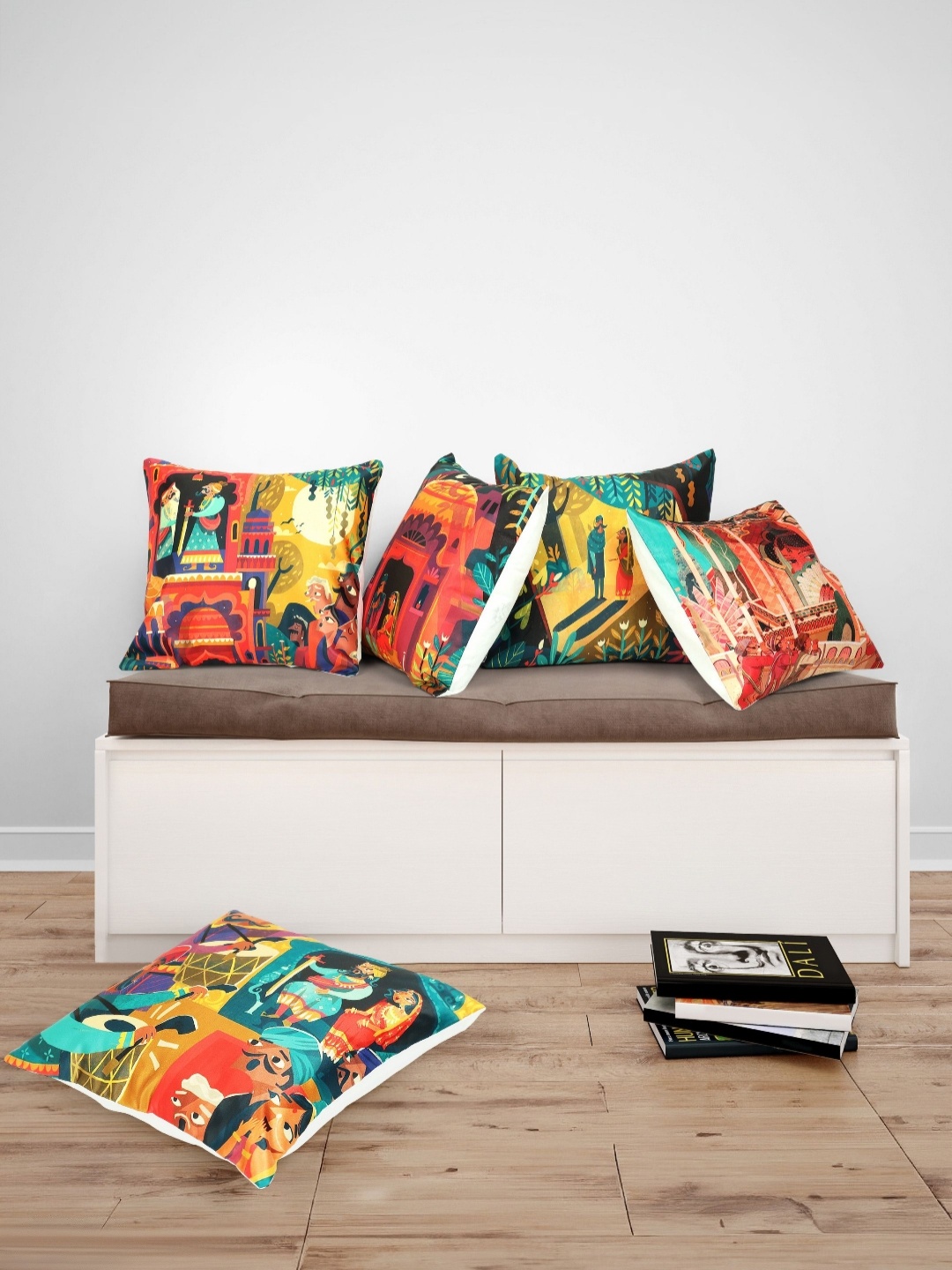 

Vendola Yellow & Green 5 Pieces Ethnic Motifs Printed Satin Square Cushion Covers