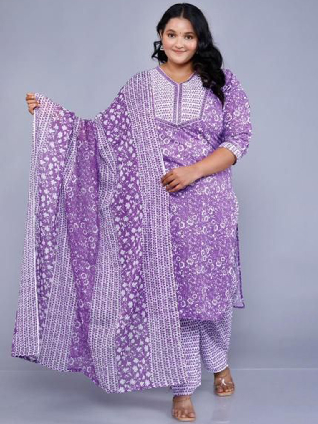 

JC4U Women Floral Printed Regular Pure Cotton Kurta with Trousers & With Dupatta, Purple