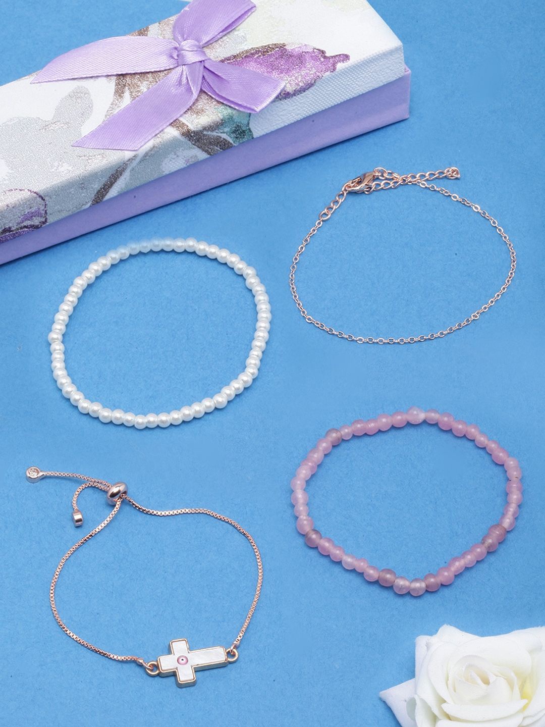 

KPOP Set Of 4 Rose Gold-Plated Beaded Charm Bracelet