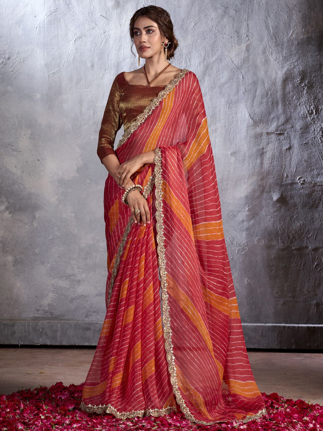 

CHUDIYA Bandhani Mirror Work Pure Chiffon Bandhani Saree, Red