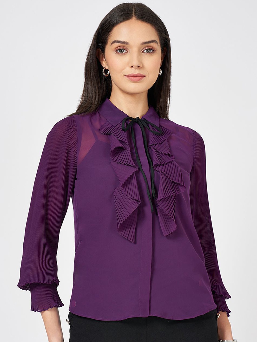 

Annabelle by Pantaloons Women Solid Shirt Collar Top, Purple