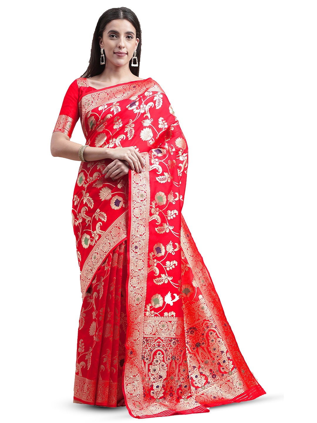 

Maroosh Floral Woven Design Zari Kanjeevaram Saree, Red