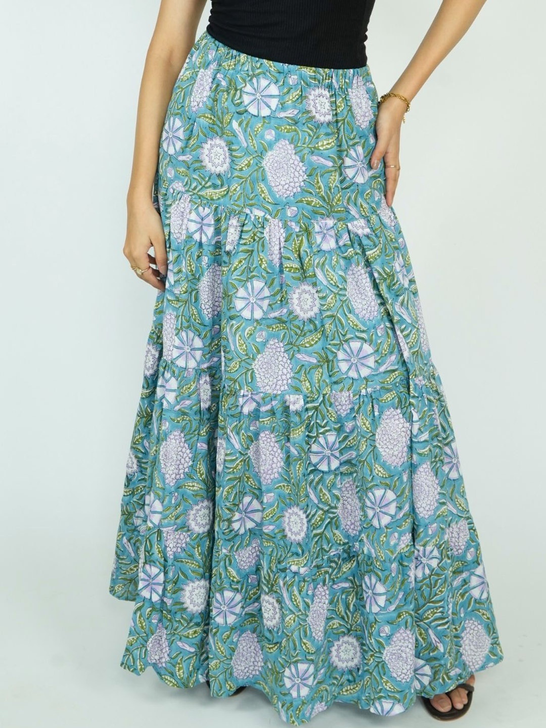 

SILAYIBAZI Women Floral Printed Layered Cotton Maxi Tiered Skirt, Teal