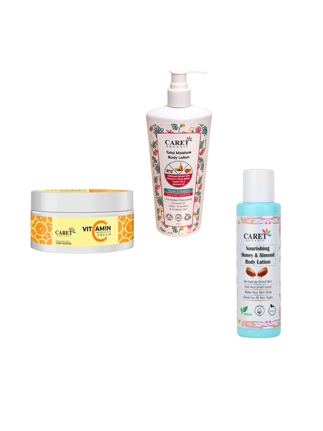 

CARET ORGANIC Set Of 3 Nourishing Cream- Almond Body Lotion & Total Moisture Body Lotion, White