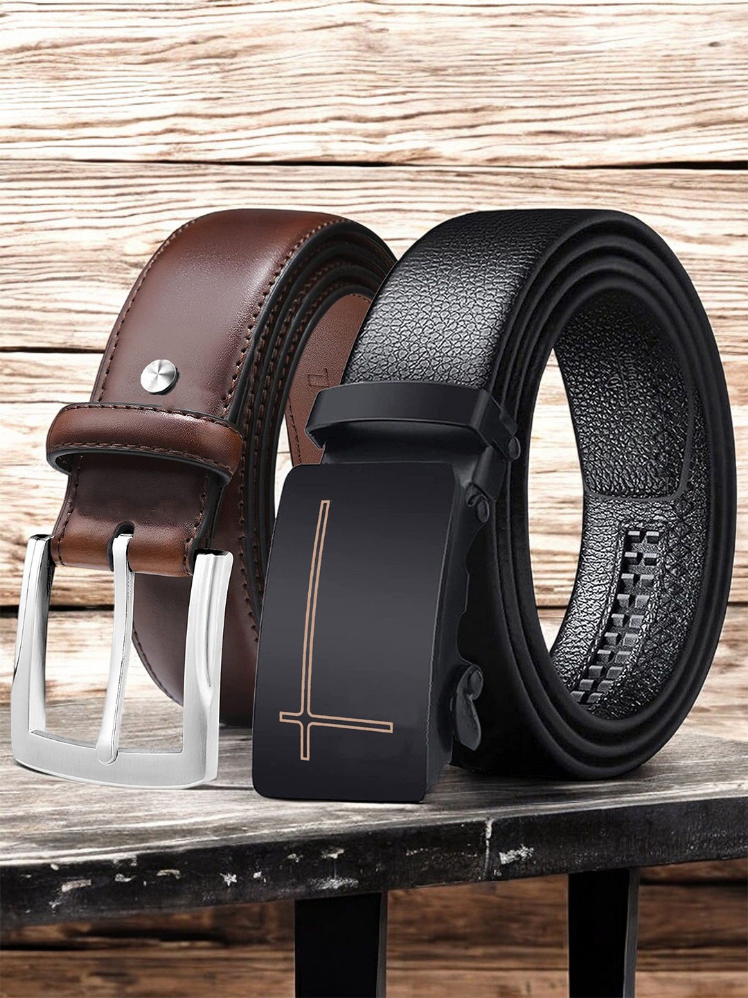 

The Roadster Lifestyle Co. Set Of 2 Men Leather Textured Formal Belts, Black