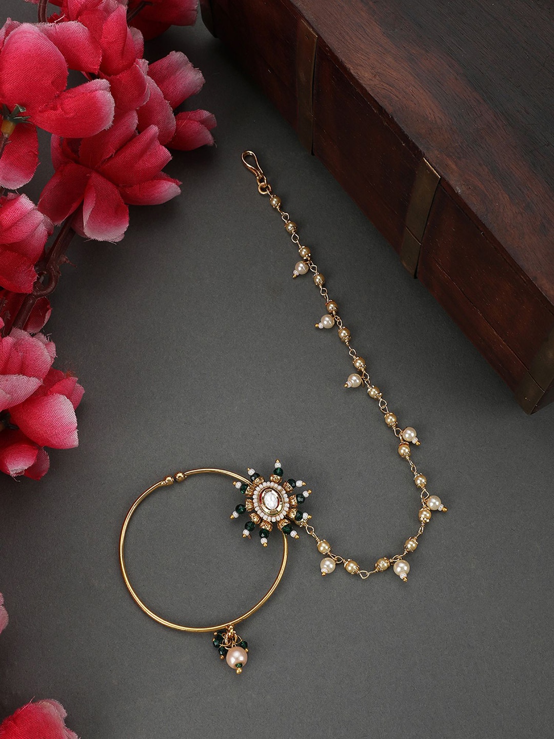 

ANIKAS CREATION Gold-Plated Cubic Zirconia Chained Nosepin