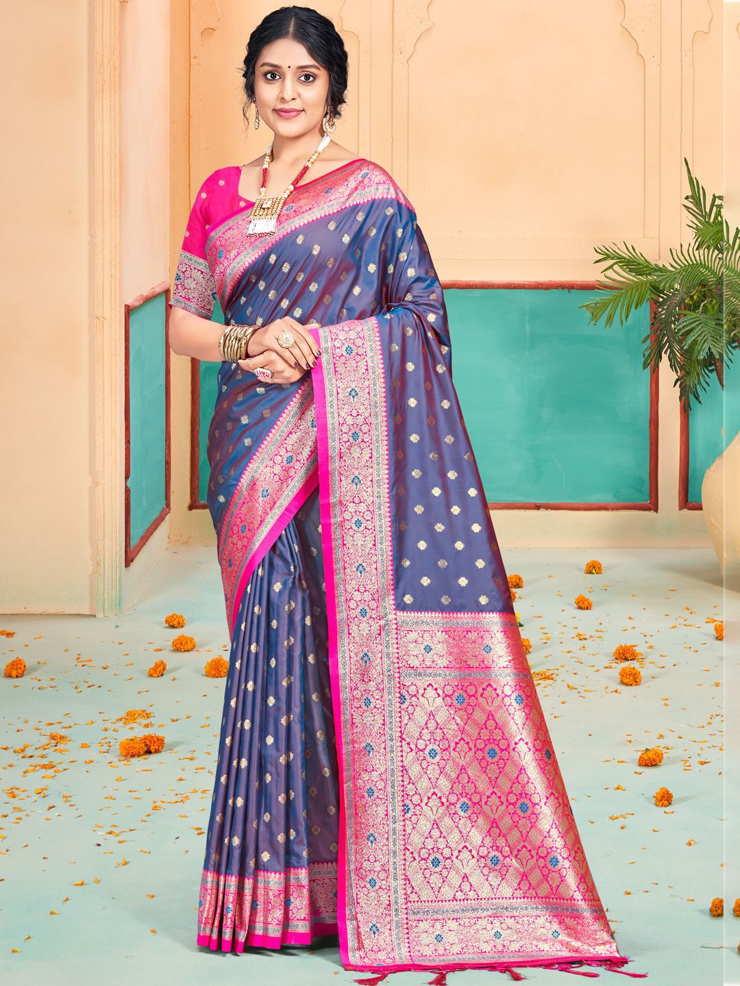 

SANGAM PRINTS Woven Design Zari Silk Blend Tussar Saree, Blue