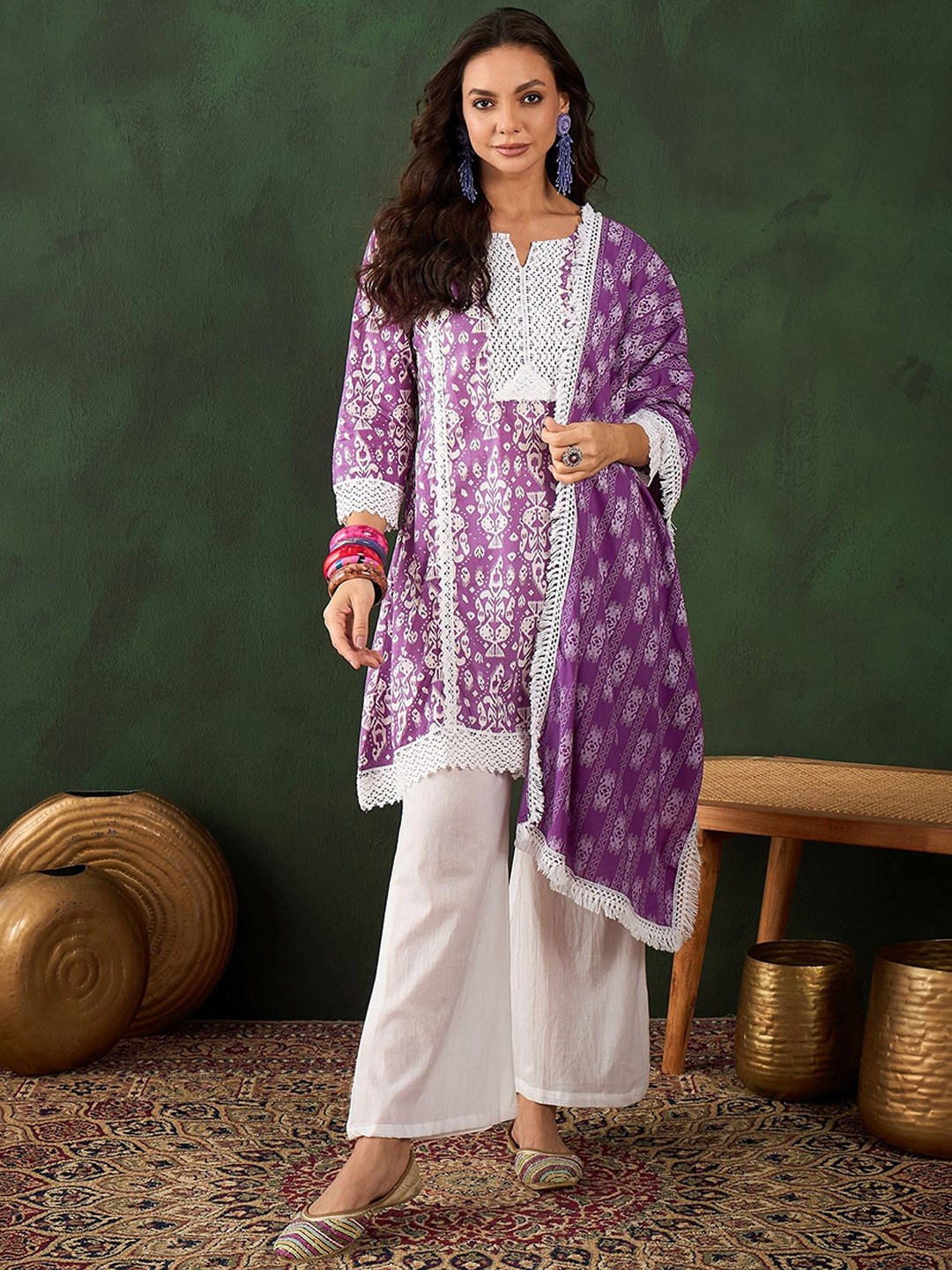 

Vastramyaa Women Ethinic Motif Printed Thread Work Pure Cotton Kurta Palazzos & Dupatta, Purple
