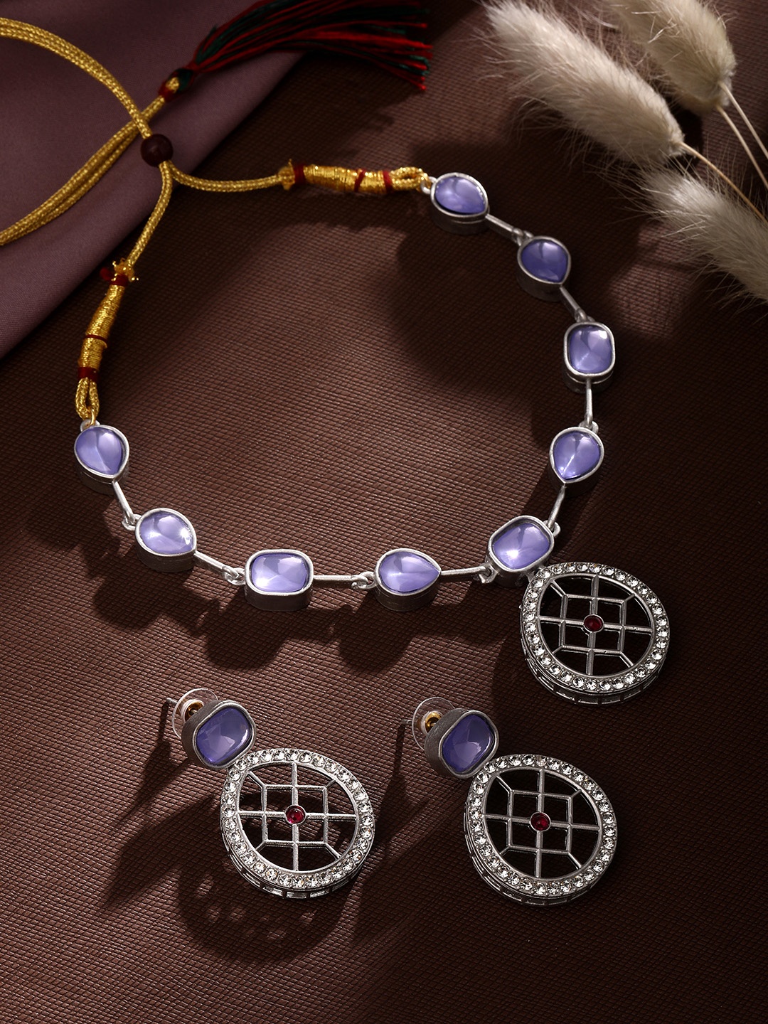 

ASMITTA JEWELLERY Matte Silver-Plated Stone-Studded Jewellery Set