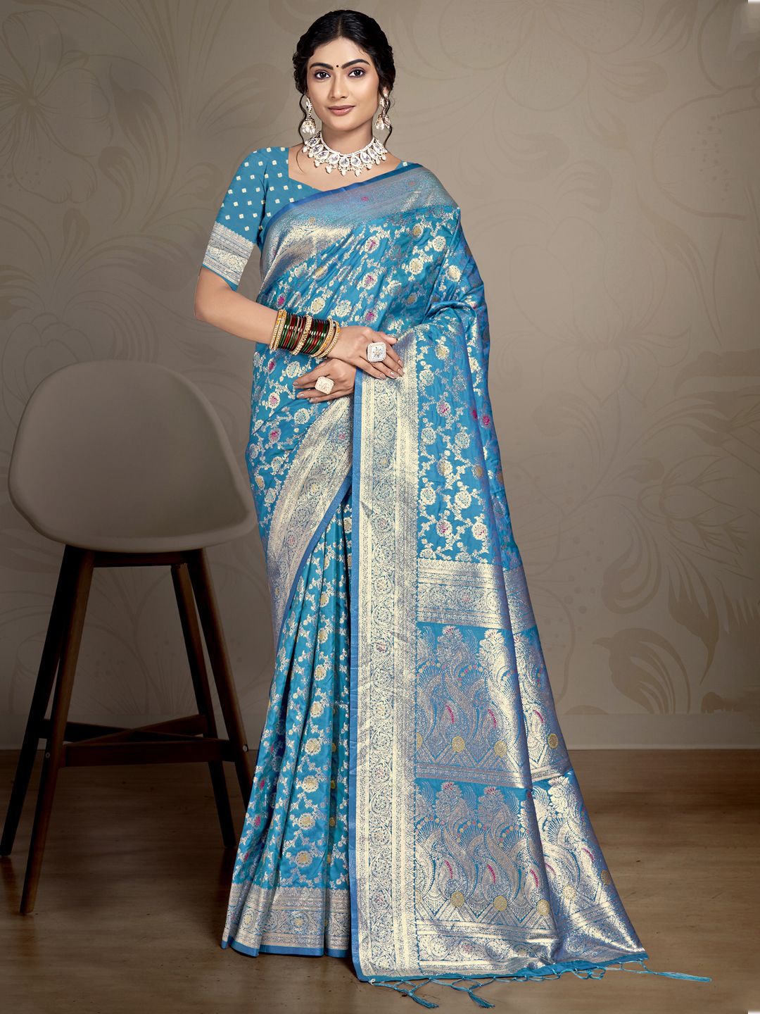 

SANGAM PRINTS Woven Design Zari Tussar Saree, Turquoise blue