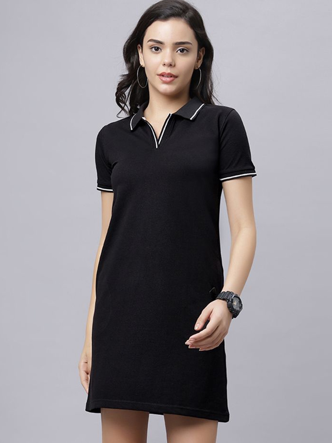 

Wear Your Opinion Solid Shirt Collar T-shirt Dress, Black